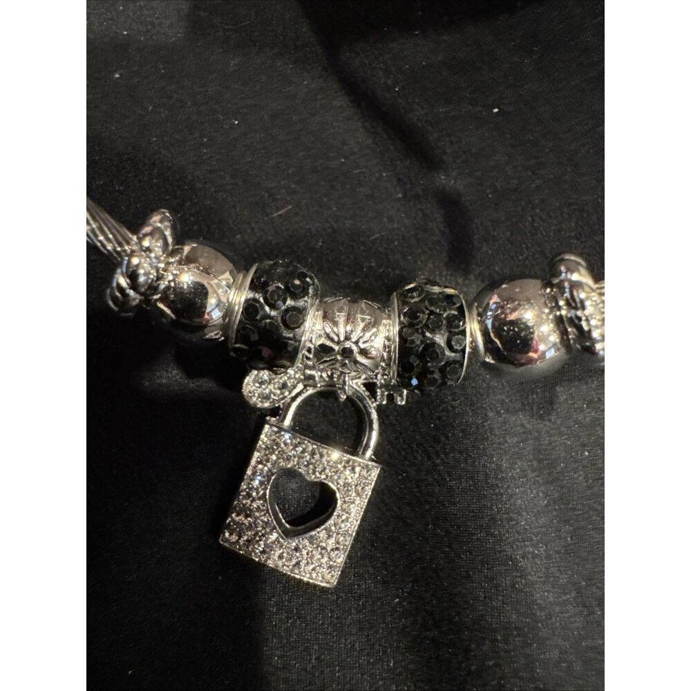 Mint Stainless Steel Heart PadLock Crystals Charm Silvertone Bangle Bracelet NEW - Picture 3 of 8